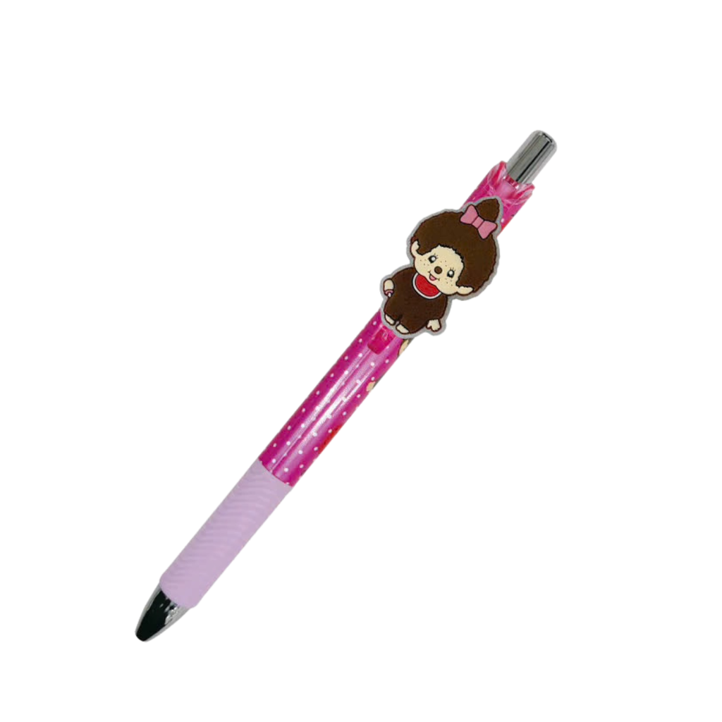 Monchhichi 0.5 黑色立體橡膠造型筆 - 粉色女生單辮