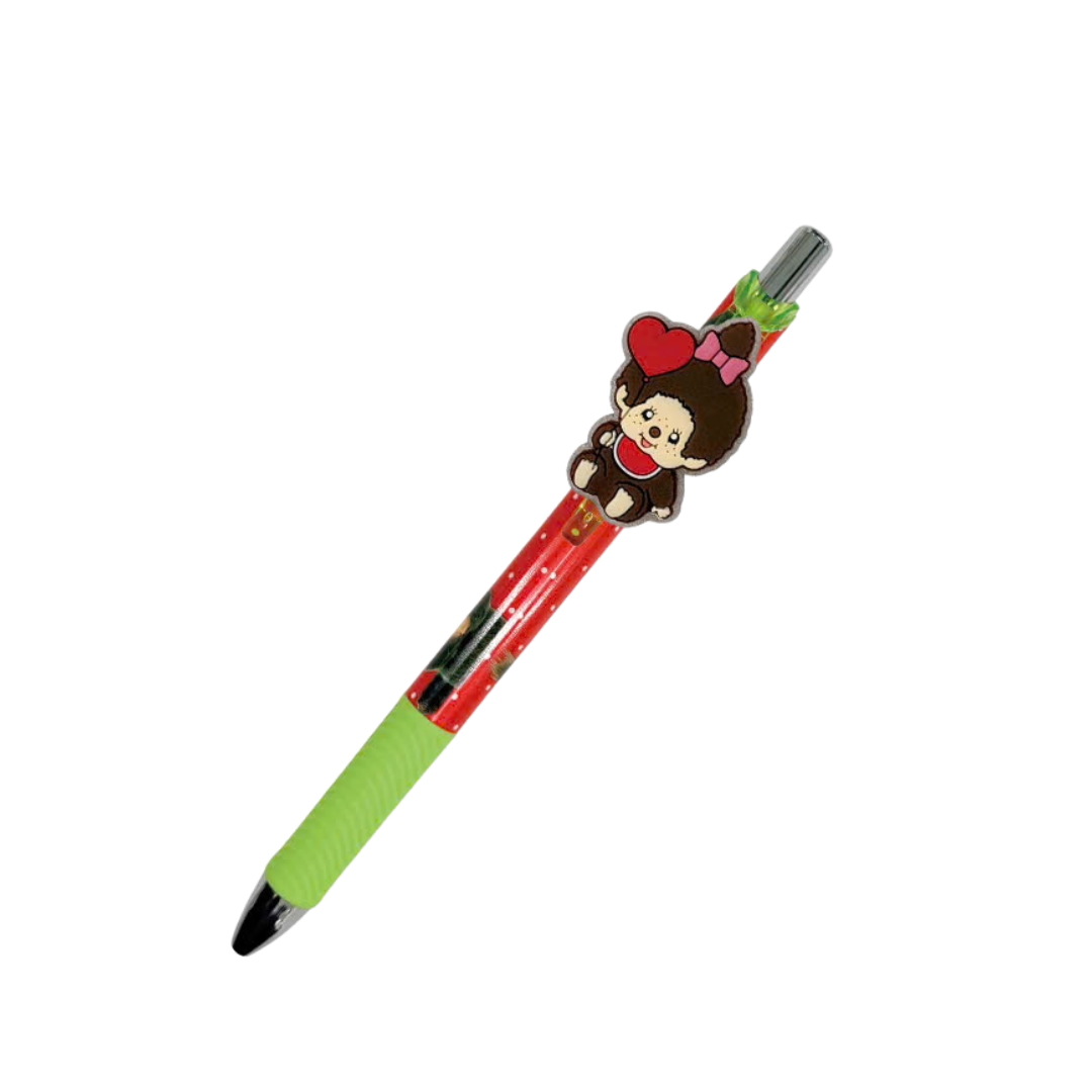 Monchhichi 0.5 黑色立體橡膠造型筆 - 綠色女生心形汽球