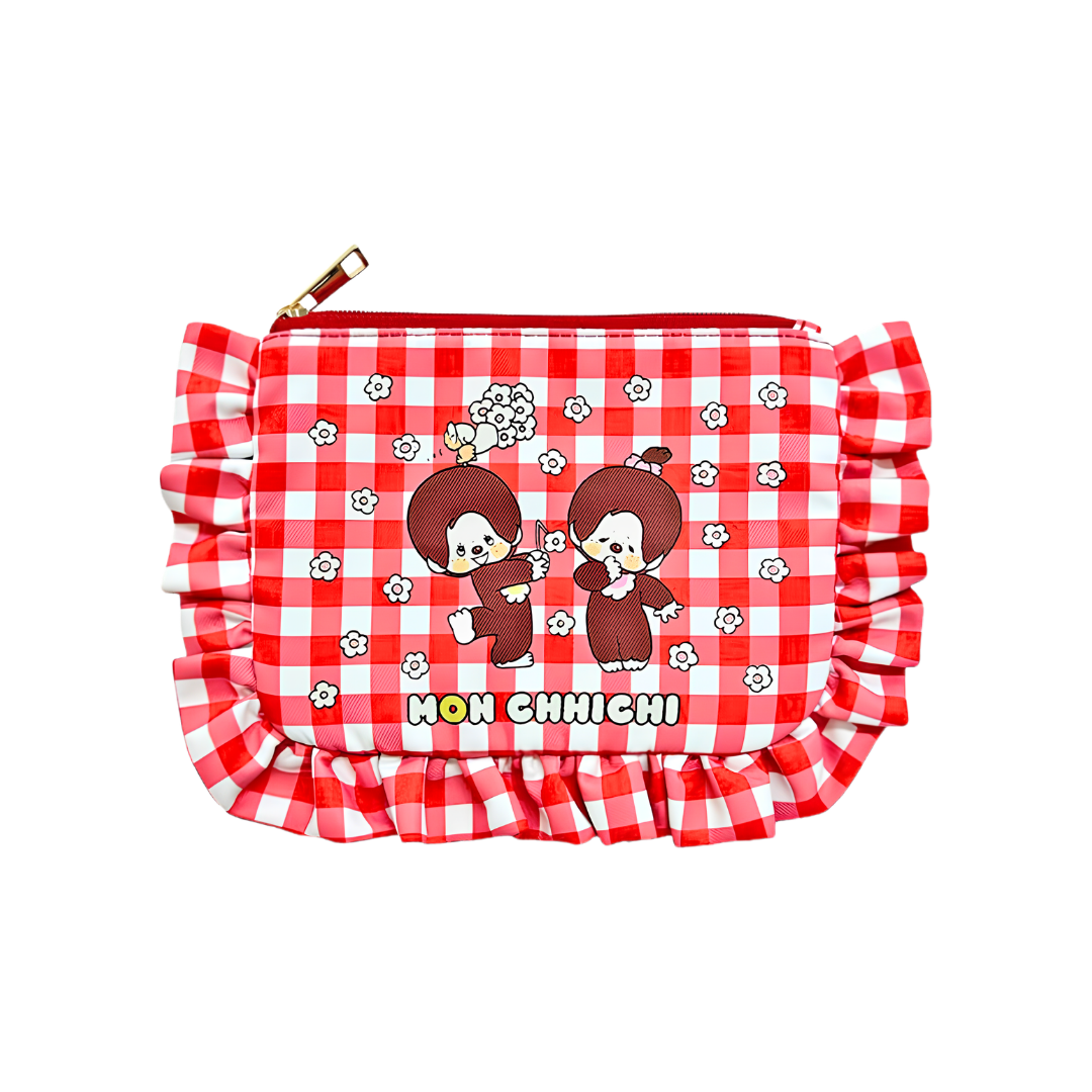 Monchhichi 紅白格子荷葉邊拉鍊收納包