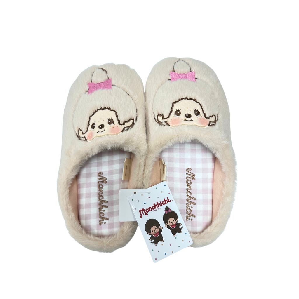 Monchhichi 女生大頭刺繡羊羔毛包頭居家拖鞋 - 米白色