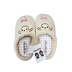 Monchhichi 女生大頭刺繡羊羔毛包頭居家拖鞋 - 米白色