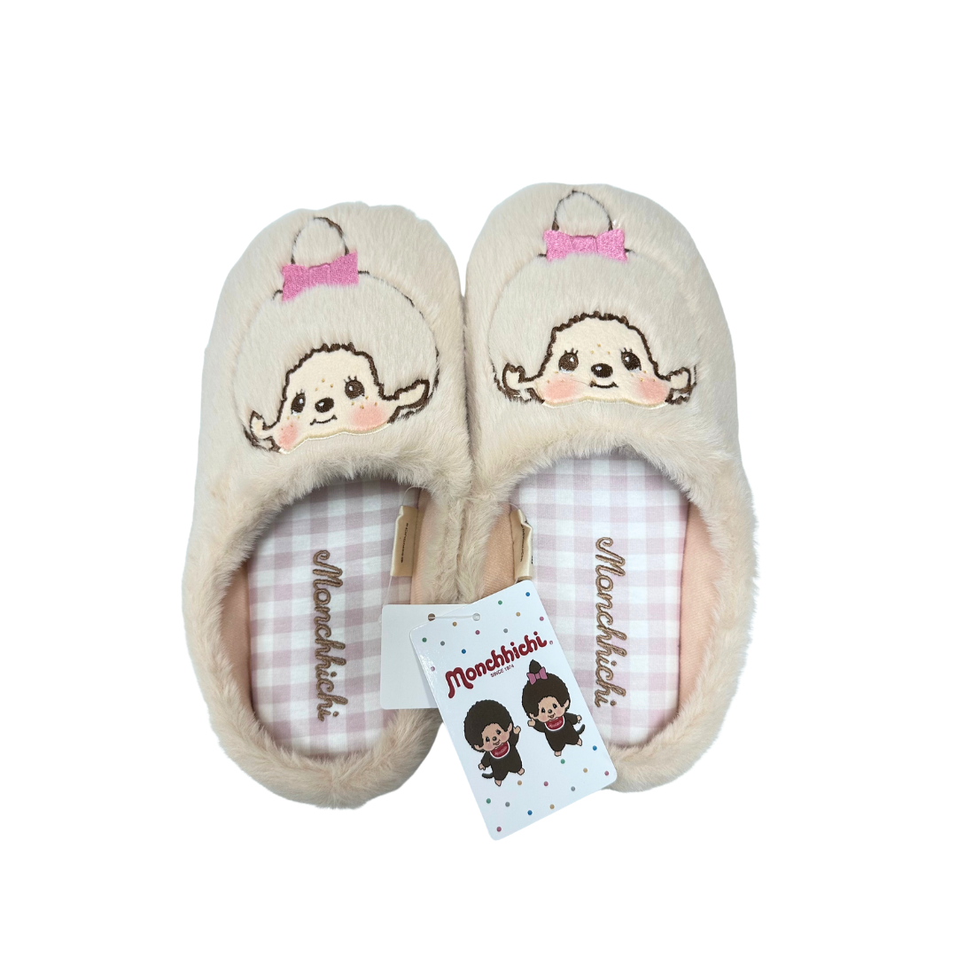 Monchhichi 女生大頭刺繡羊羔毛包頭居家拖鞋 - 米白色