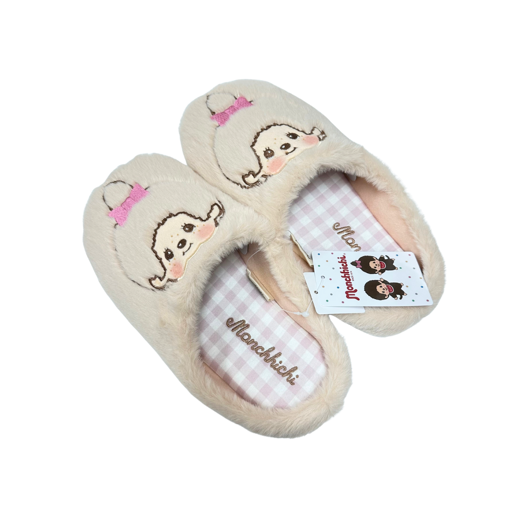 Monchhichi 女生大頭刺繡羊羔毛包頭居家拖鞋 - 米白色