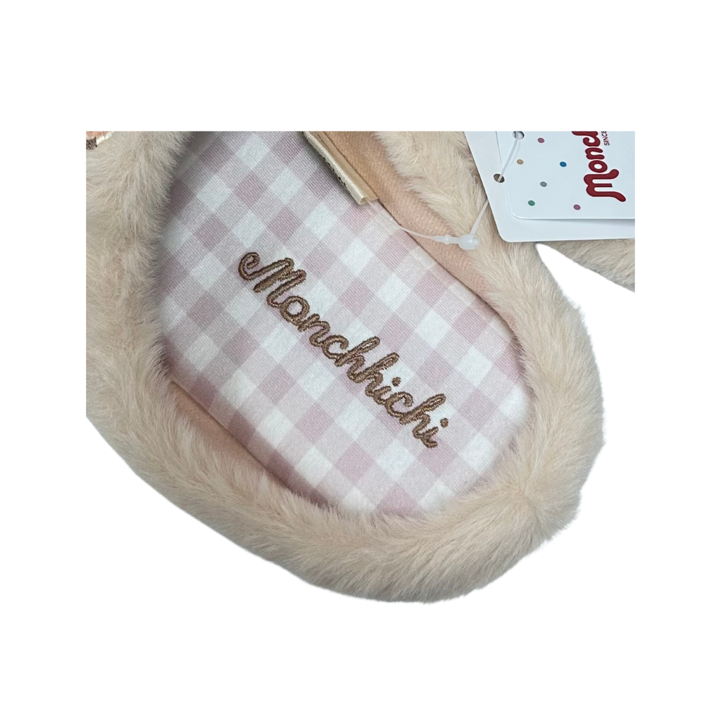 Monchhichi 女生大頭刺繡羊羔毛包頭居家拖鞋 - 米白色