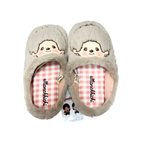 Monchhichi 男生大頭刺繡羊羔毛包頭居家拖鞋 - 灰棕色