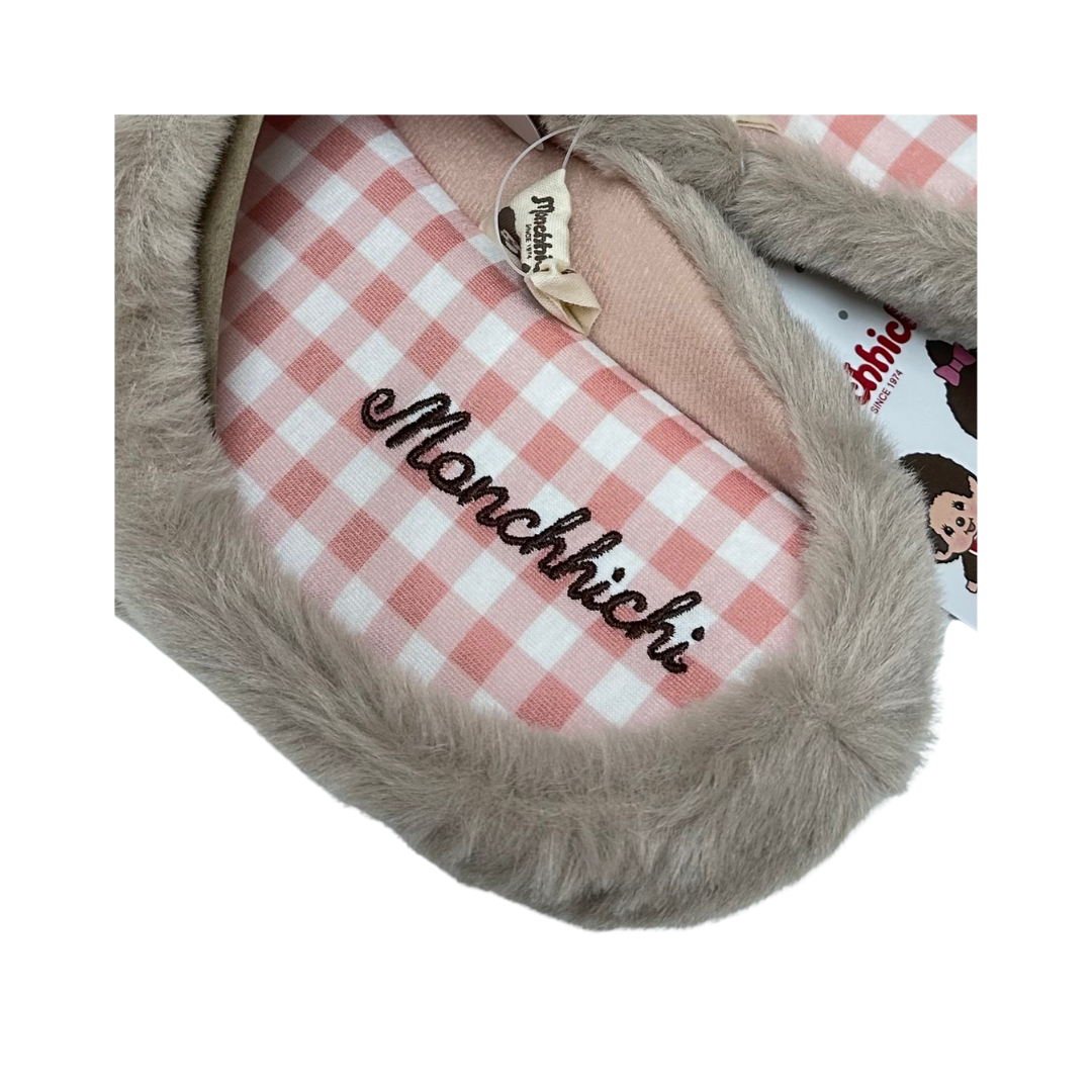 Monchhichi 男生大頭刺繡羊羔毛包頭居家拖鞋 - 灰棕色