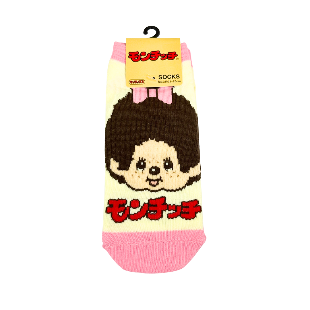 Monchhichi 成人襪子 -粉色拼米黃色大頭女生款22-24CM