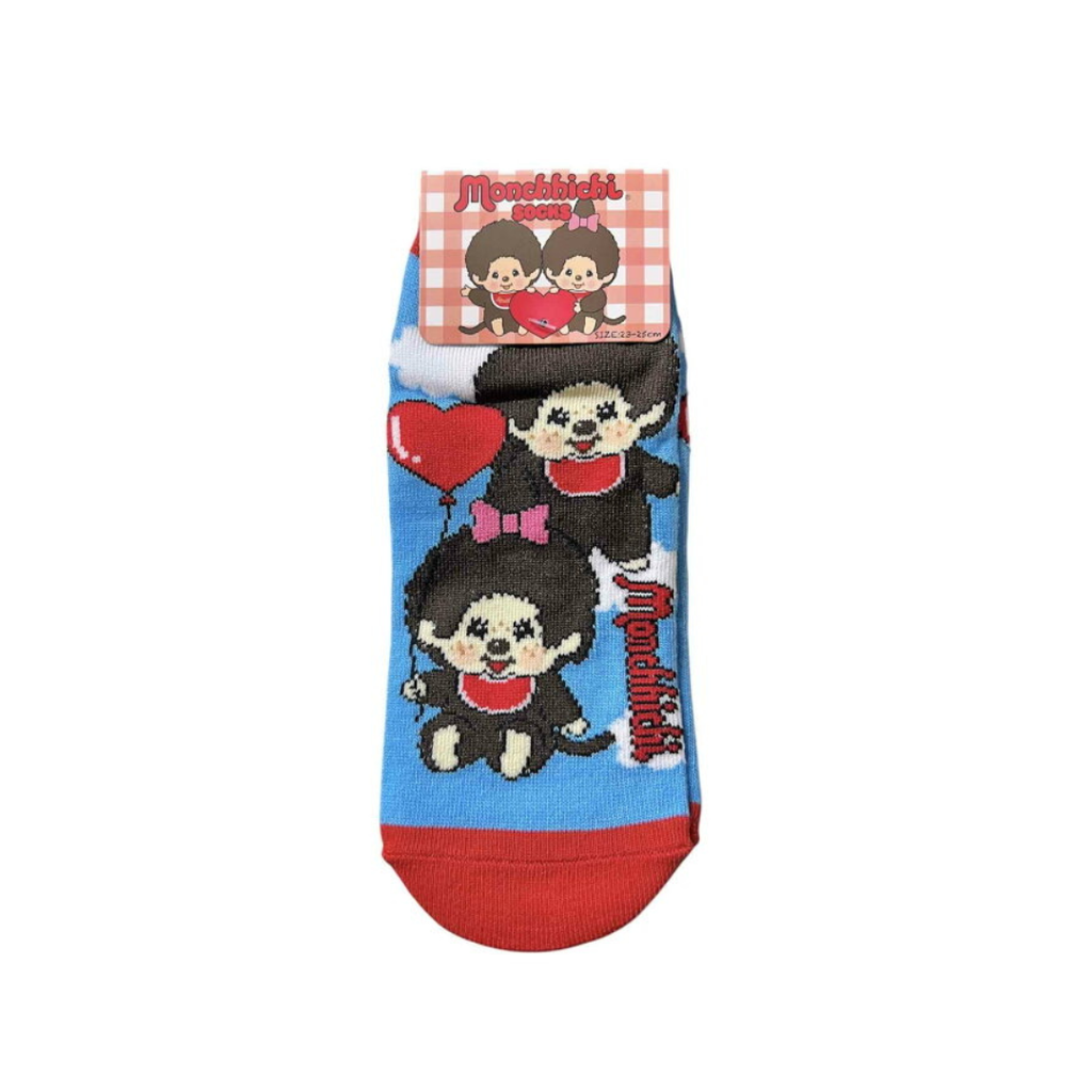 Monchhichi 男女孩愛心氣球造型棉質短襪 - 天藍色