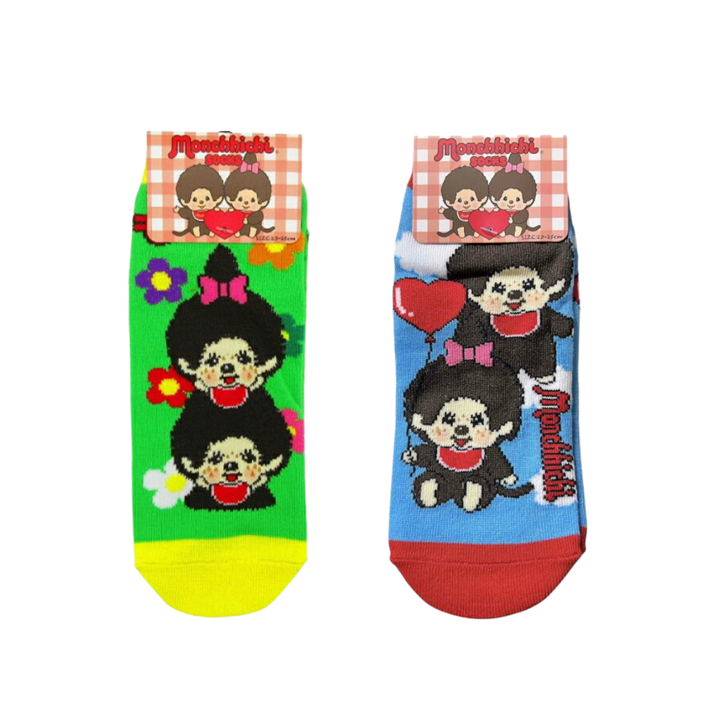 Monchhichi 男女孩圍托腮花花造型棉質短襪 - 黃綠色