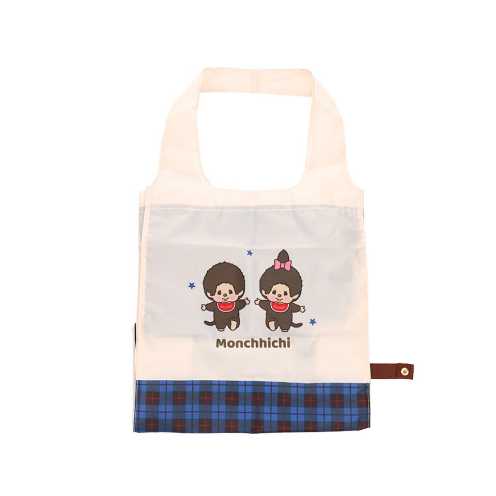 Monchhichi 寬底環保袋 - 藍色格仔