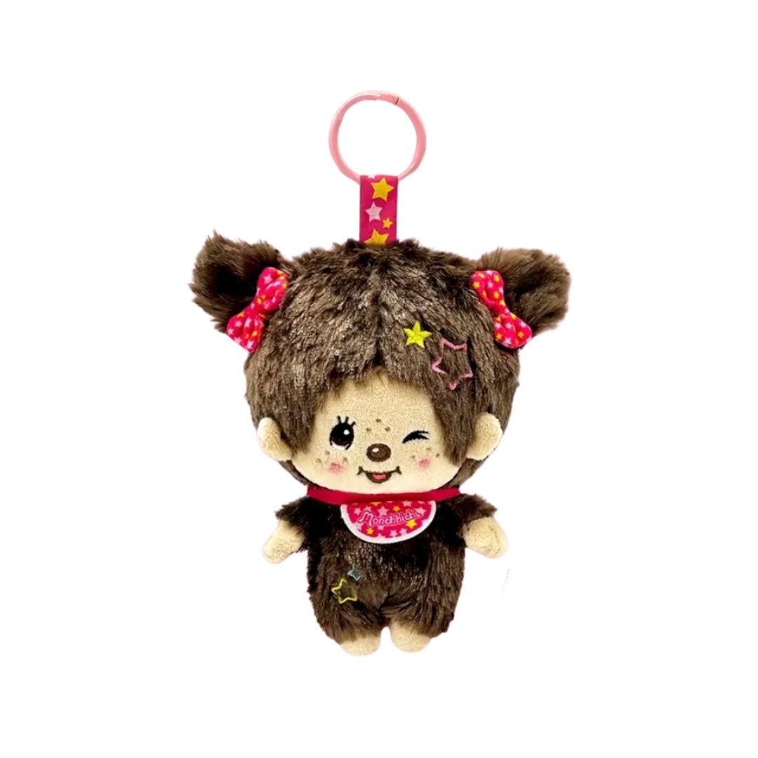 吊飾 Monchhichi 星星圍兜+星形刺繡大頭絨毛包包掛飾 - 棕色女孩
