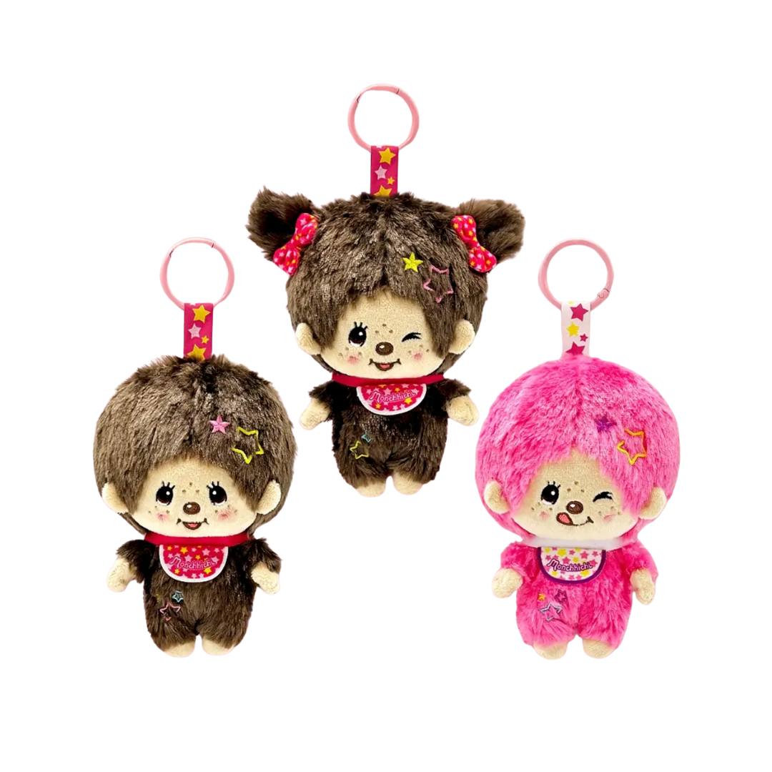 吊飾 Monchhichi 星星圍兜+星形刺繡大頭絨毛包包掛飾 - 棕色男孩