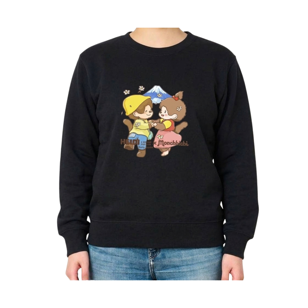 Monchhichi x 飄零燕雙人牽手跳舞圖案長袖圓領衛衣-黑色