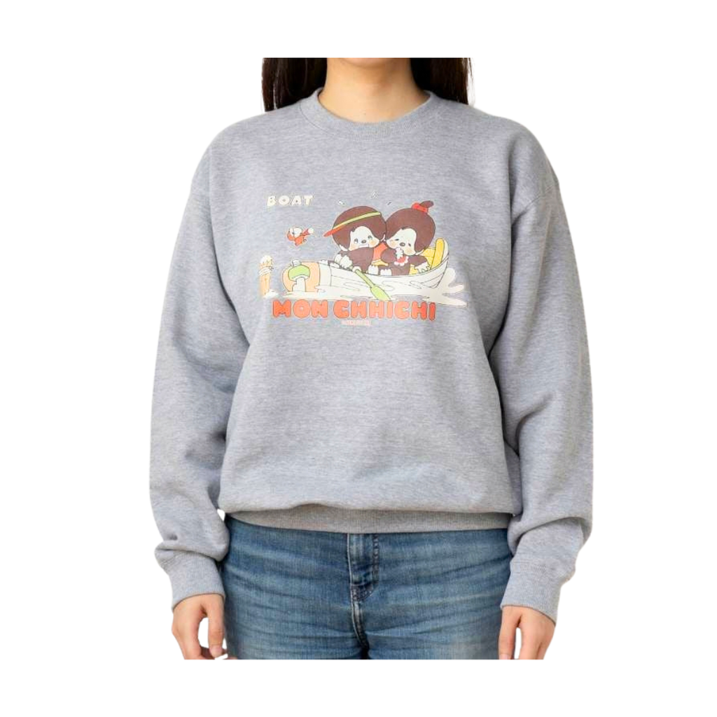 Monchhichi BOAT 雙人划船插畫印花長袖圓領衛衣-灰色