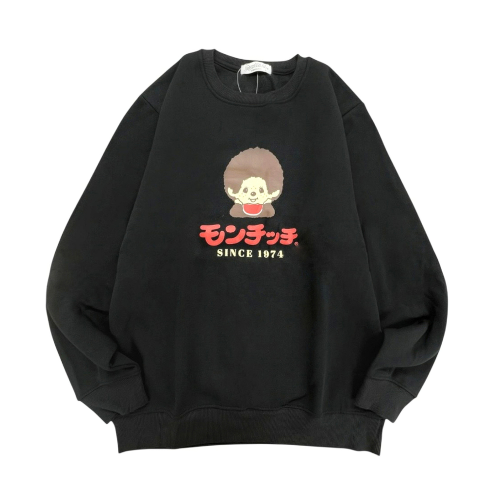 Monchhichi SINCE 1974 經典大頭印花長袖圓領衛衣-黑色