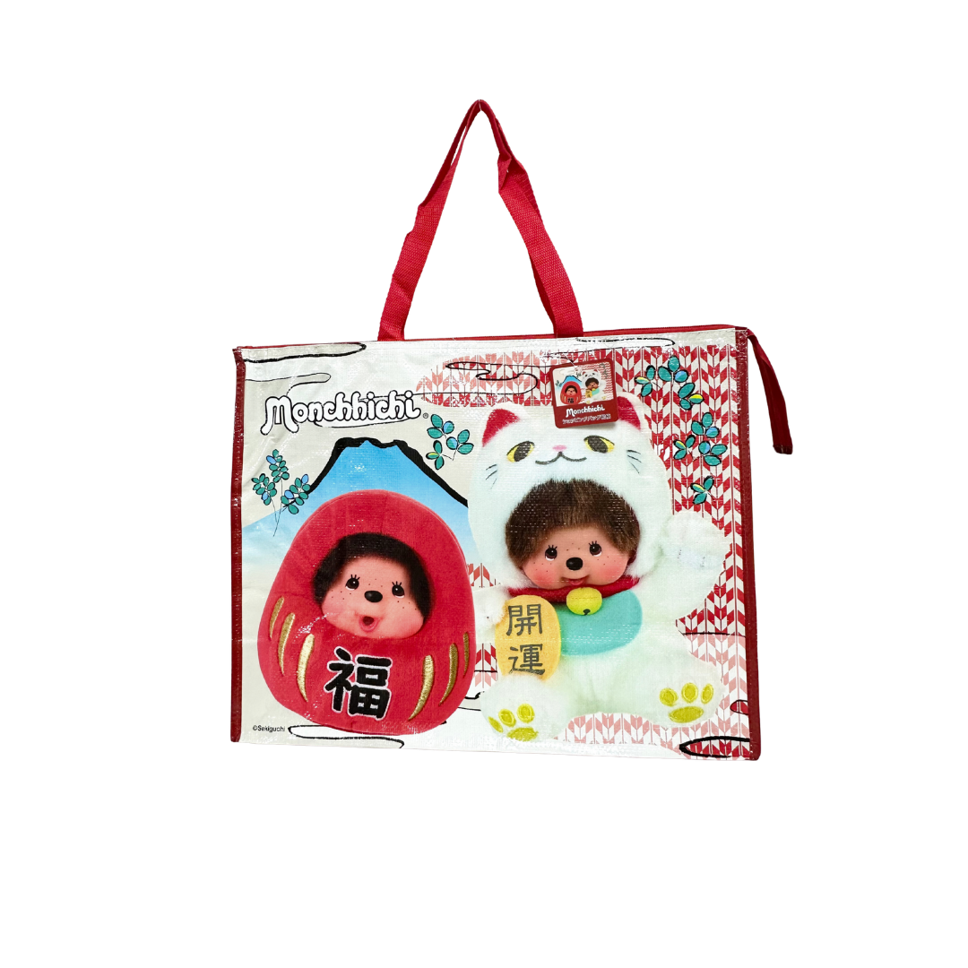 Monchhichi 和風吉祥開運系列 達摩不倒翁×開運招財貓大容量尼龍購物袋