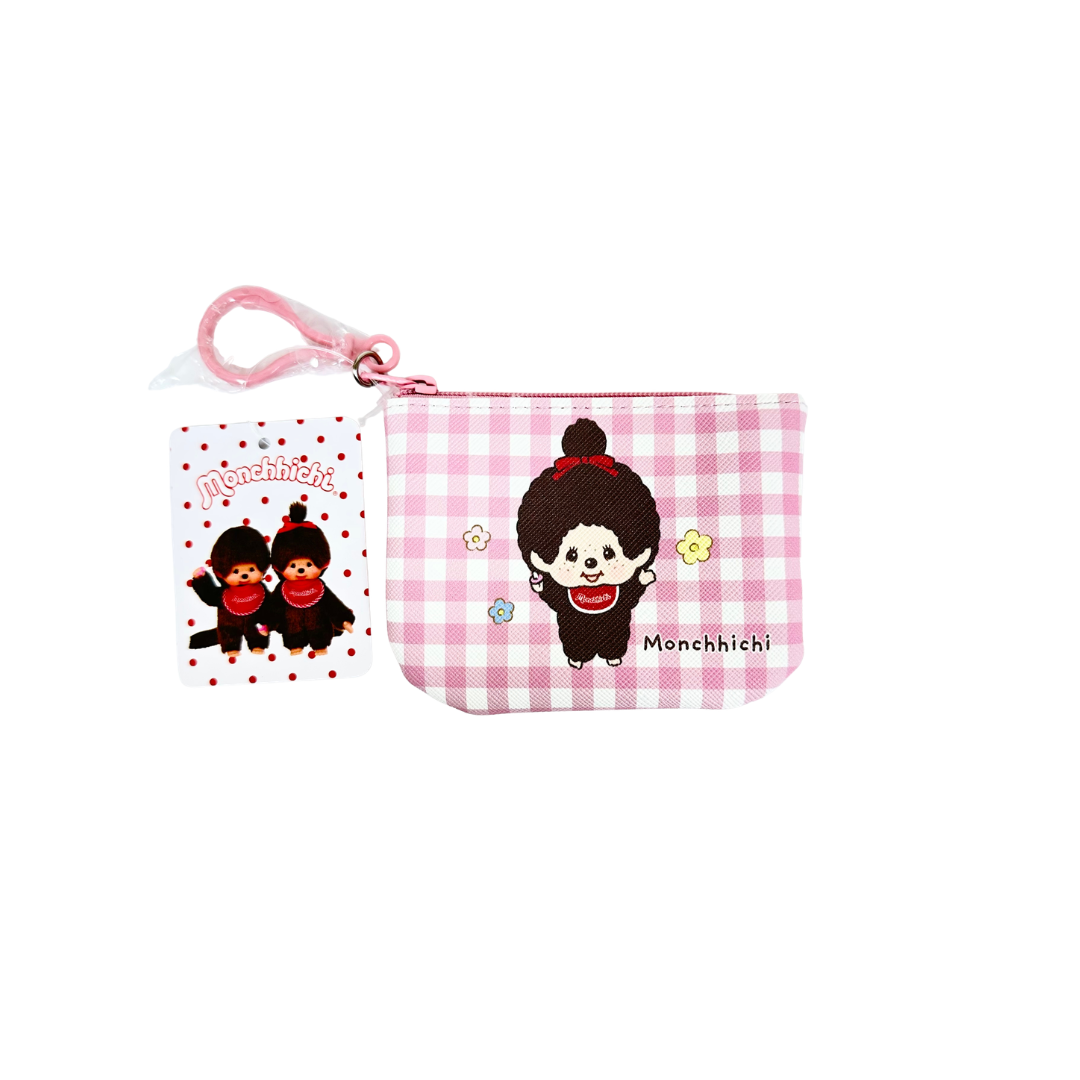 Monchhichi 格紋插畫附扣環收納零錢包 - 粉色格紋