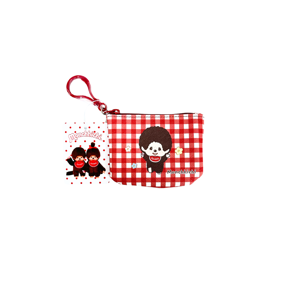 Monchhichi 格紋插畫附扣環收納零錢包 - 紅色格紋