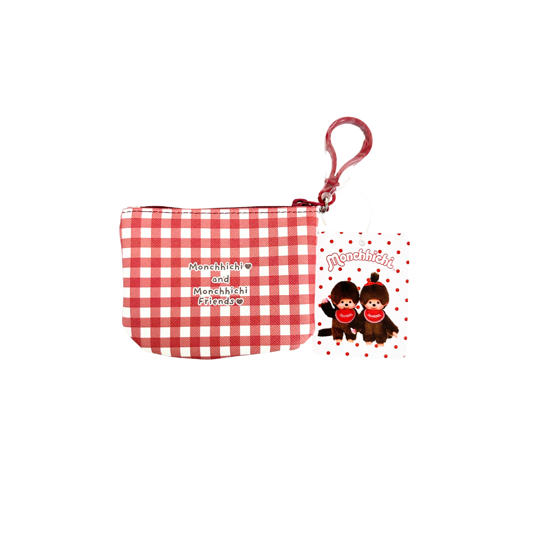 Monchhichi 格紋插畫附扣環收納零錢包 - 紅色格紋