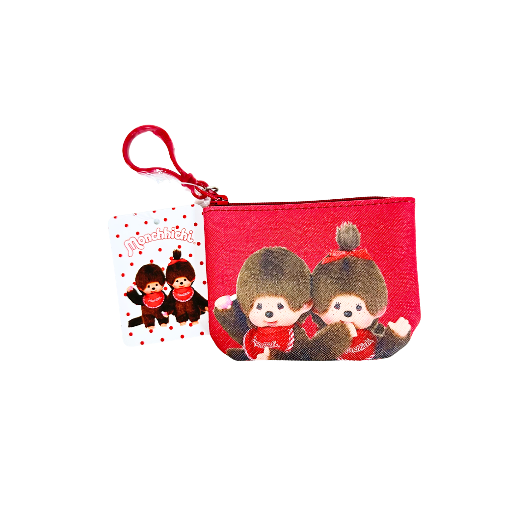 Monchhichi 雙人揮手附扣環收納零錢包 - 紅色