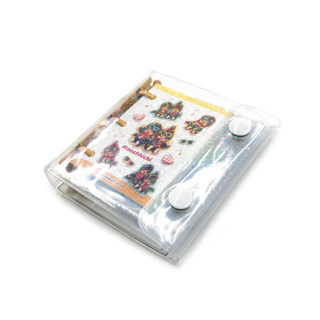 Monchhichi 3 孔迷你雷射閃粉 PVC 扣式活頁筆記本+小卡收納冊 - 黃色男女坐坐款