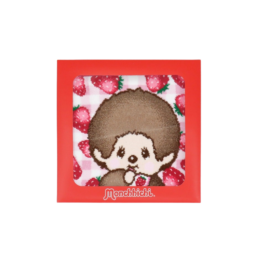 Monchhichi 草莓立體純棉方巾 - 紅粉格紋