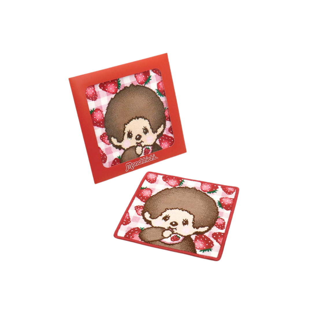 Monchhichi 草莓立體純棉方巾 - 紅粉格紋