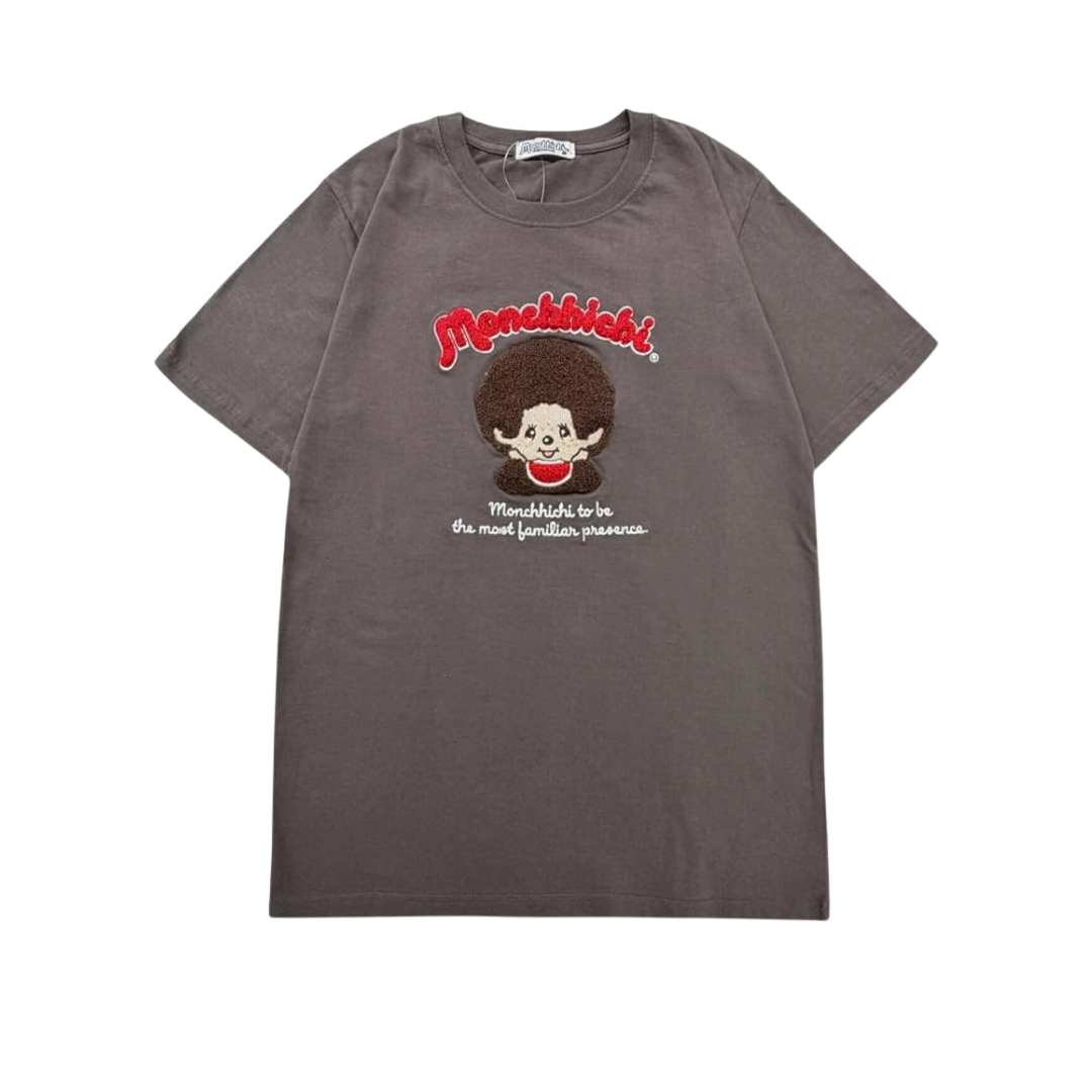 Monchhichi 大頭刺繡短袖T恤 - 啡色