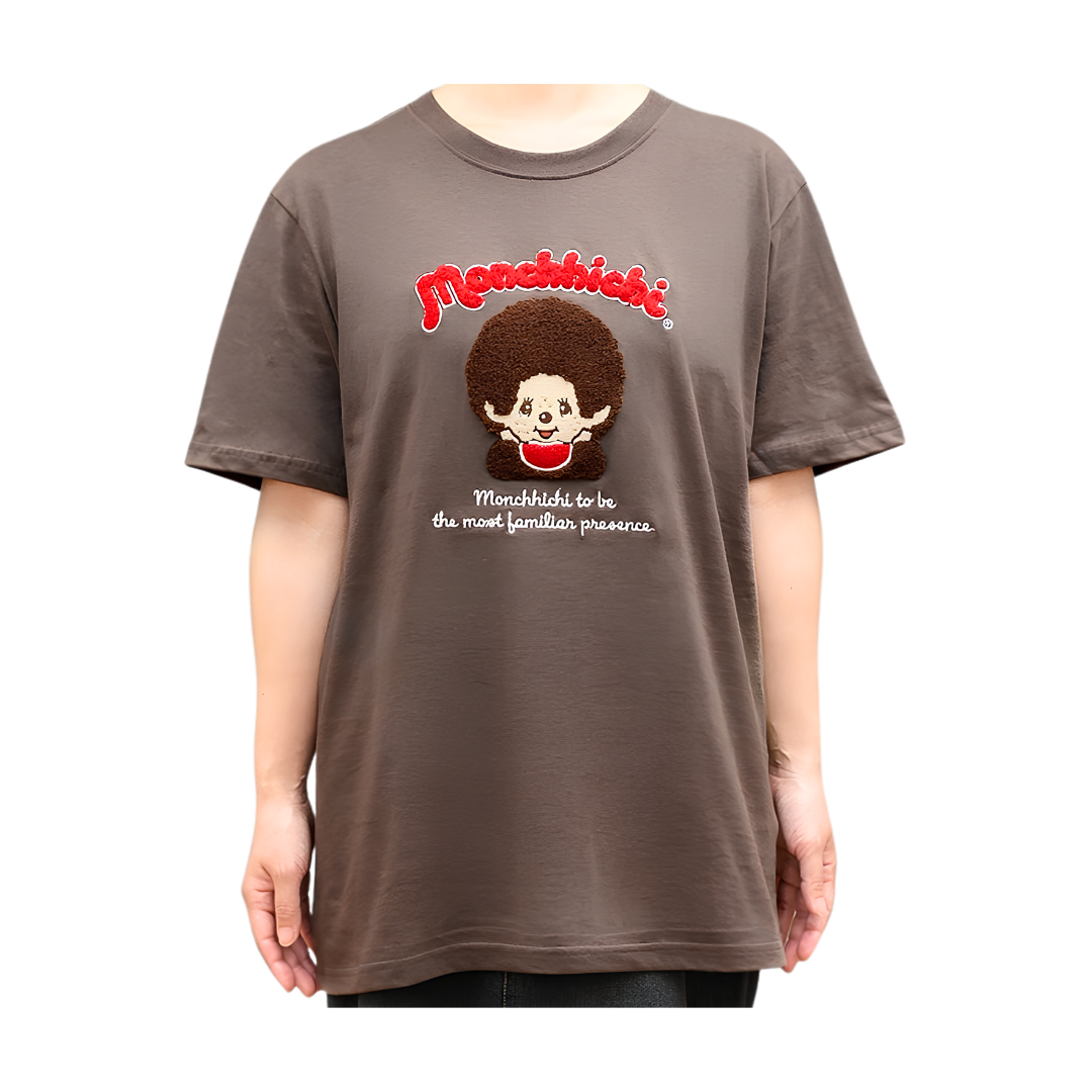 Monchhichi 大頭刺繡短袖T恤 - 啡色