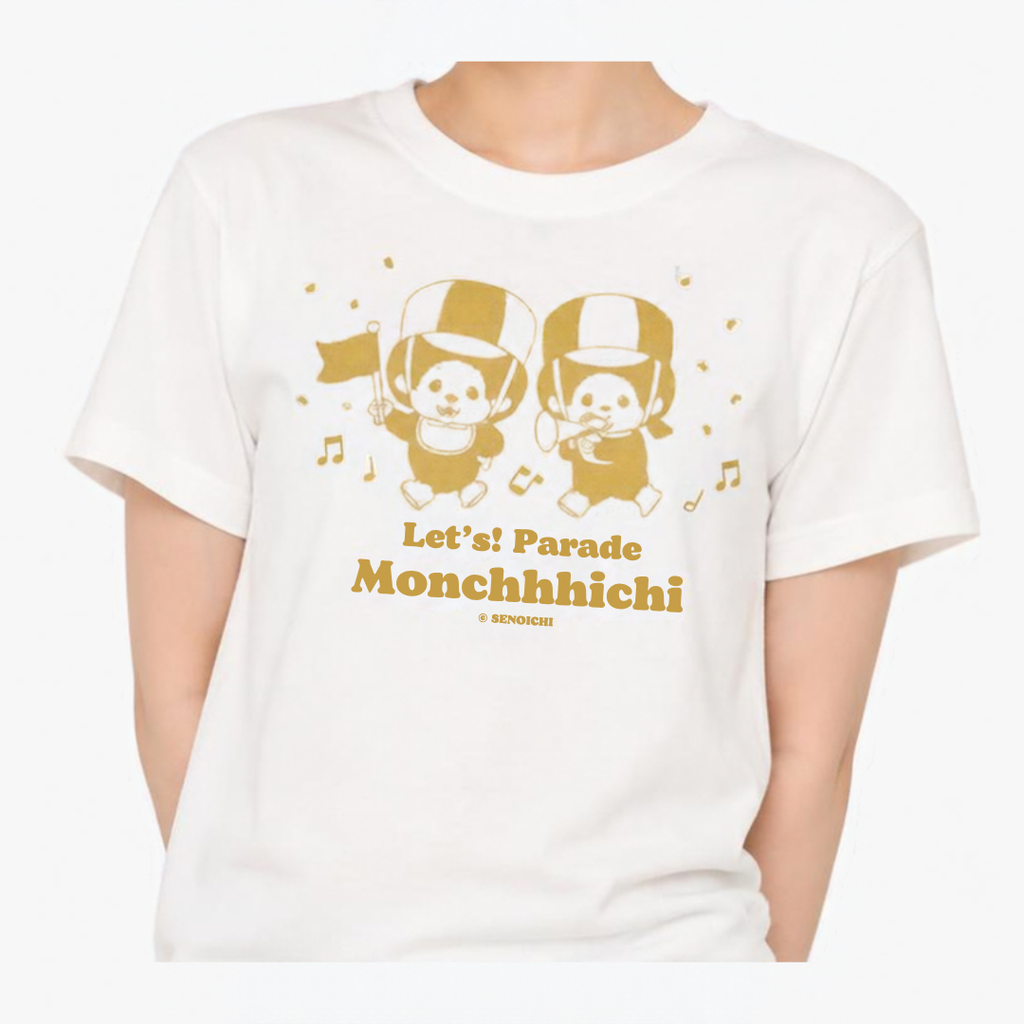 Monchhichi Let's! Parade 樂隊金色印花棉質短袖T恤-白色